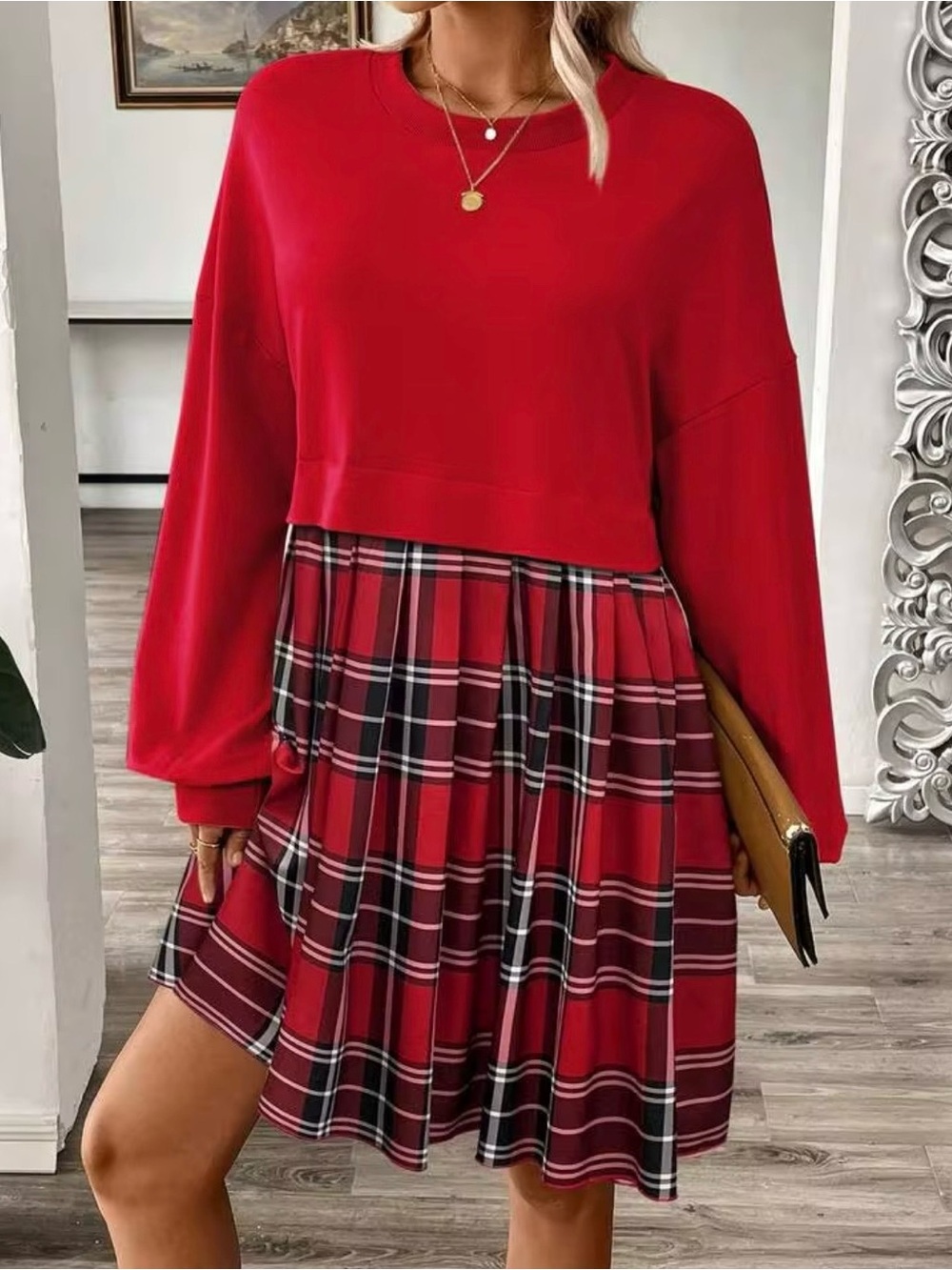 SHEIN Red Plaid Mixed-Media Mini Dress